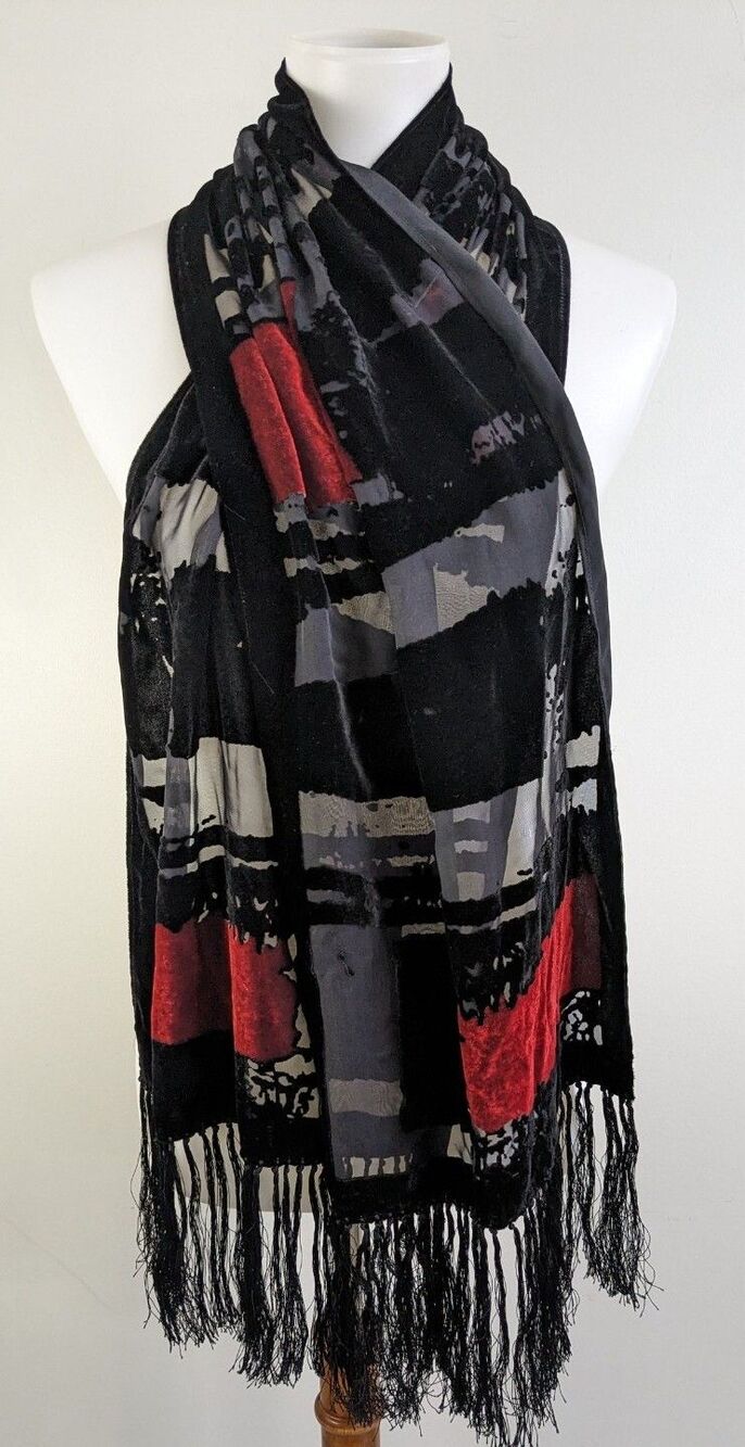 Burnout Velvet Scarf Wrap Stole Abstract Art Black Red Fringe Modernist Evening